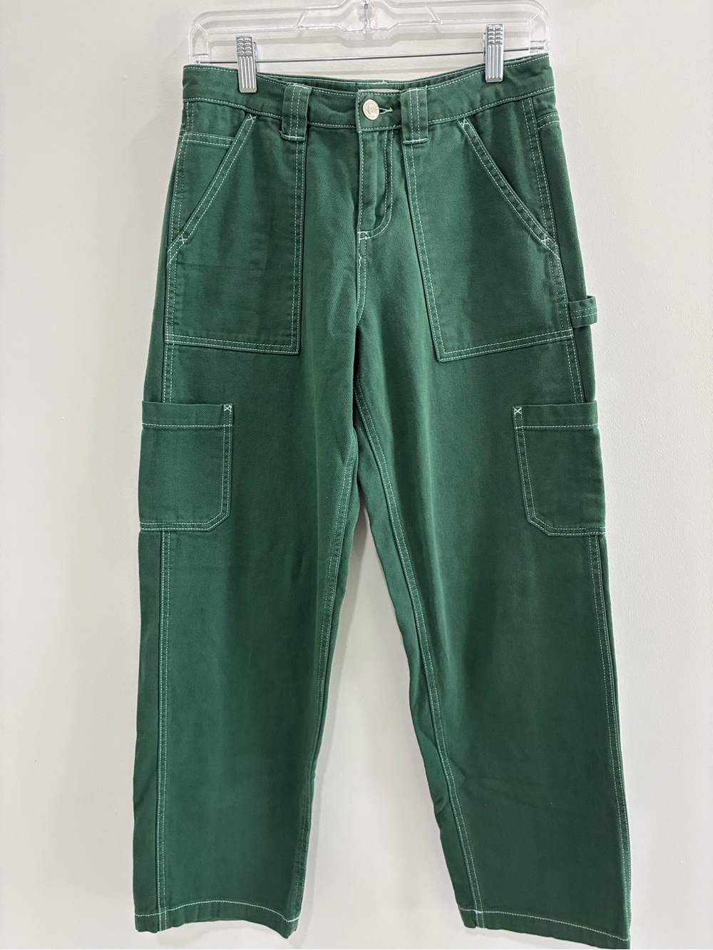 Garage Green Denim Pants with White Stitching